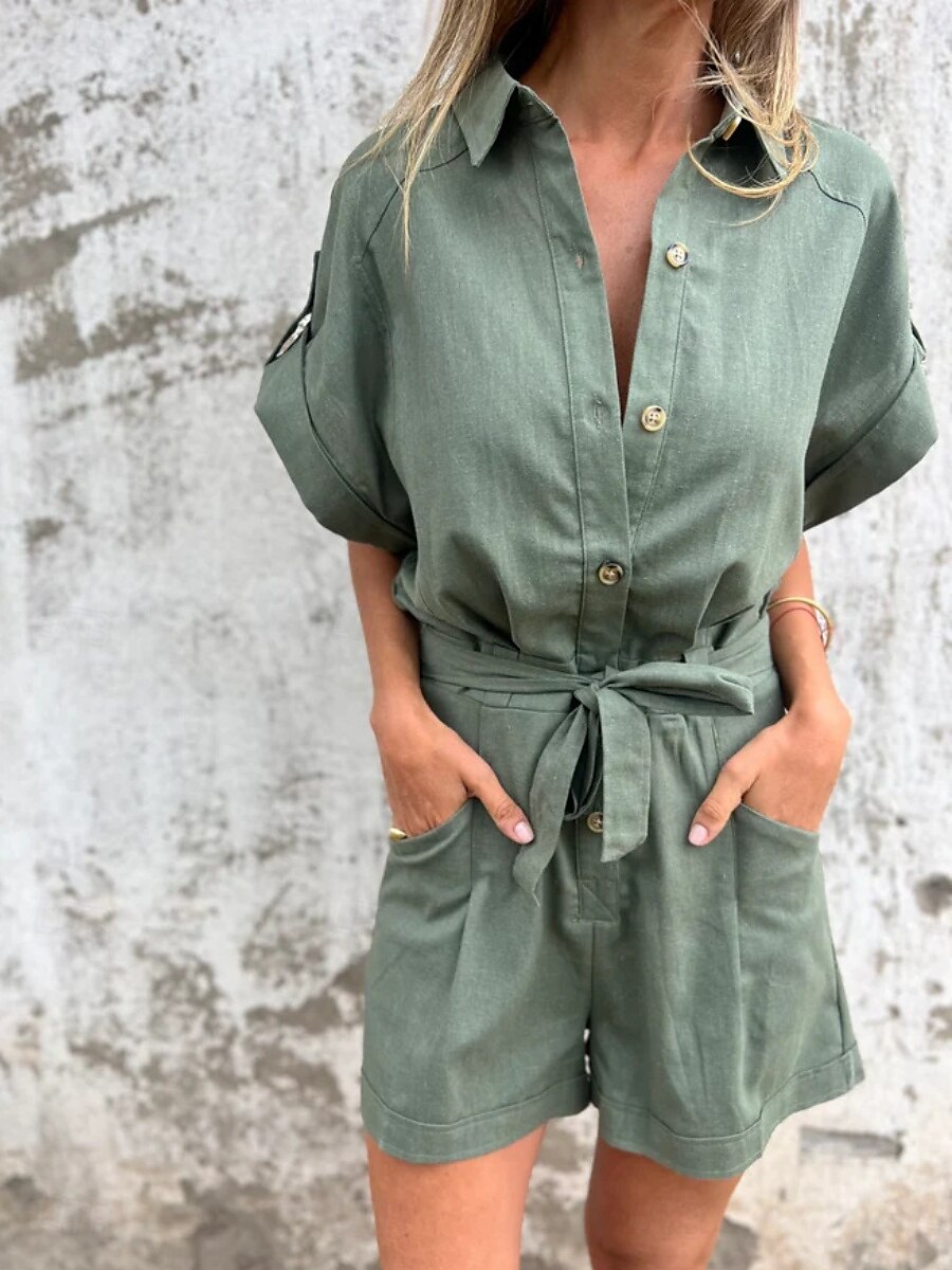 Femmes Actif Basique Ensembles en coton et lin Manche Courte Col de chemise Couleur Unie Décontracté Quotidien Vert Été Coupe régulière de 2025 ? $32.99 –P2