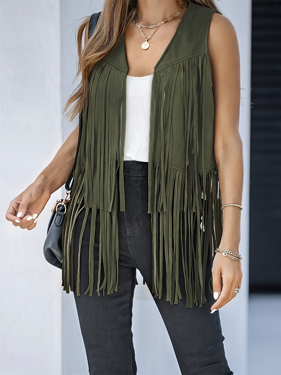 Mujer Chaqueta casual Chaleco Transpirable Cómodo Borlas Casual Plano Vacaciones Calle Casual Ropa Cotidiana Frente Abierto Regular Escote en Pico Ajuste regular Sin Mangas Ropa de calle Negro Rosa 2025 - $34.99 –P23