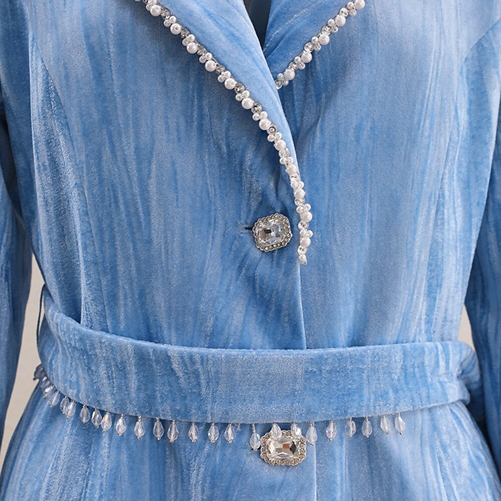 Blue Velvet Pantsuit Mother of the Bride Suit Elegant Minimalist Notched Lapel Floor Length Long Sleeve with Pearls 2025 - $129.99 –P7