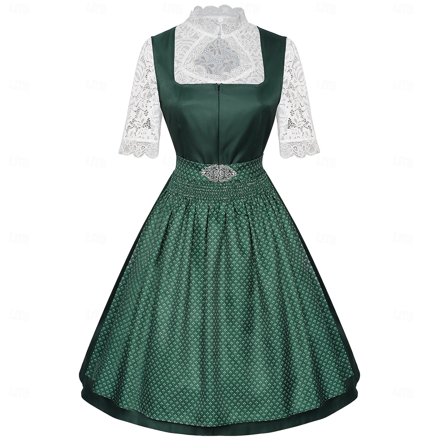 Φόρεμα Dirndl Γυναικείου Πράσινου Βαυαρίας με Ποδιά Σατέν και Μπλούζα Δαντέλας για το Oktoberfest 2025 - $55.99 –P3