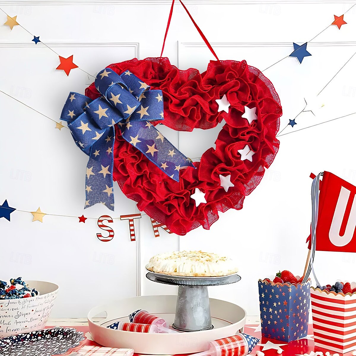 Patriottische 4 juli krans voor voordeur, onafhankelijkheidsdag, Amerikaanse vlag, rood, wit, blauw, deur, buitendecoratie, rustieke boerderij, gaas, verandadecoratie 2025 - $20.99 –P2