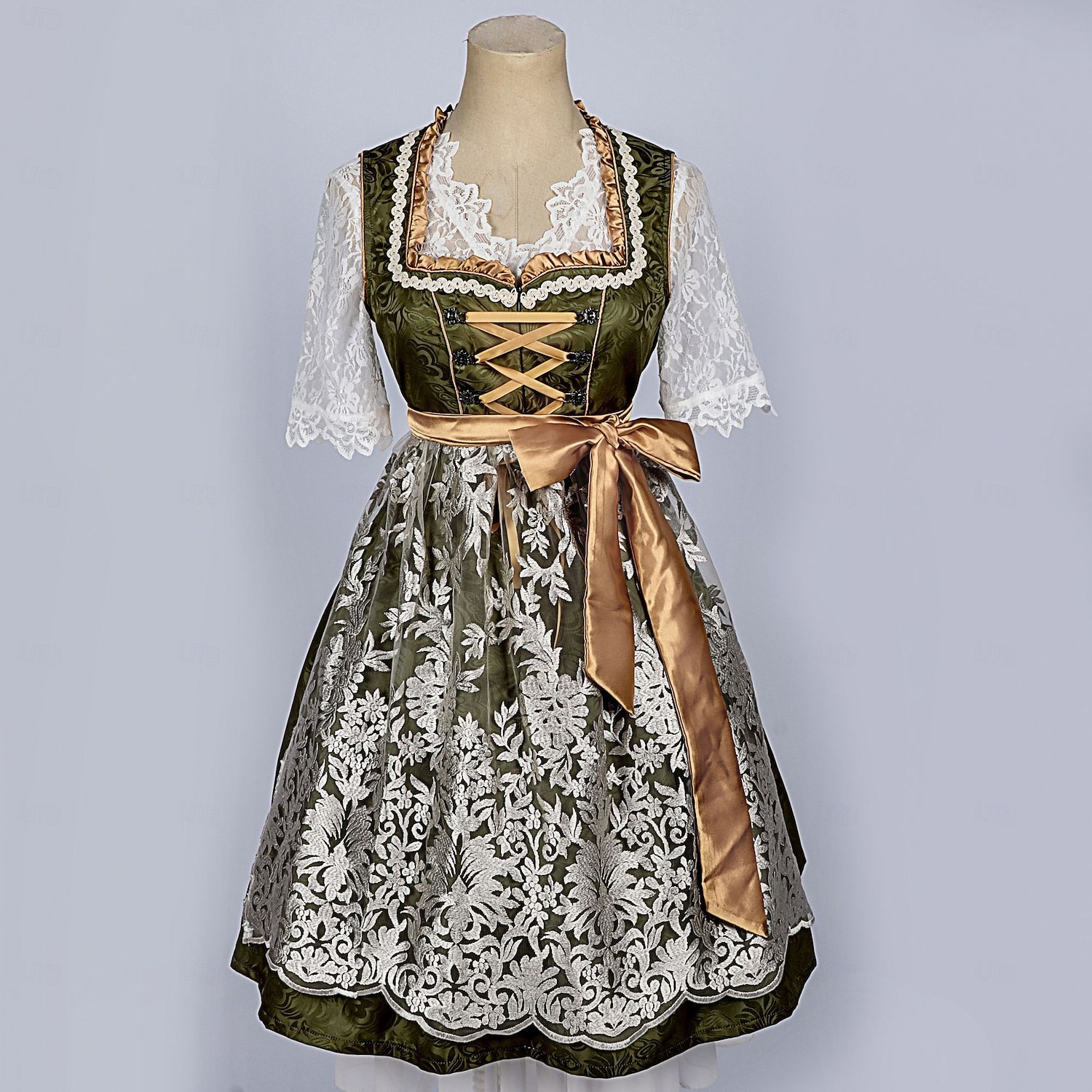 Női Zöld Csipkés Dirndl Ruha Köténnyel és Blúzzal Oktoberfest Wiesn Sörfesztiválra 2025 - $73.99 –P2