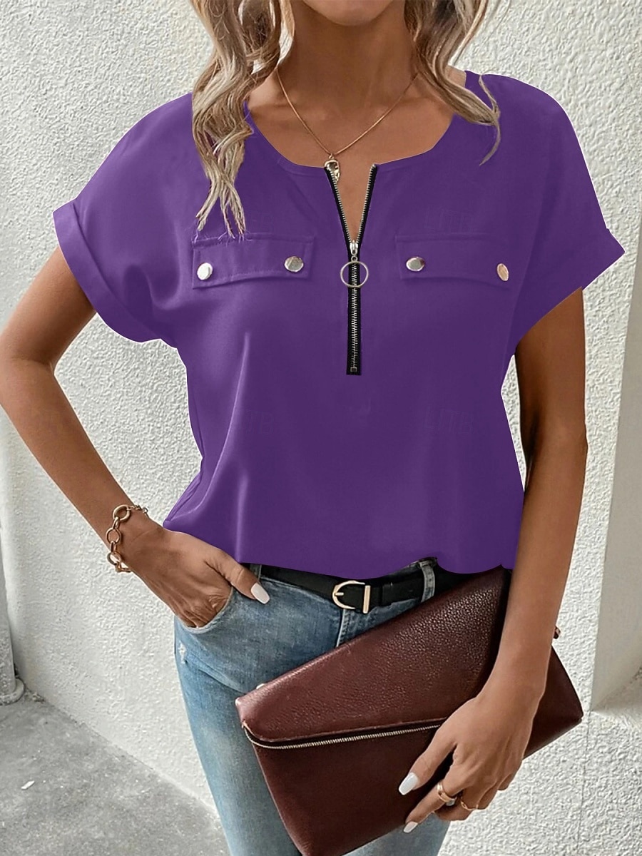 Γυναικεία Μπλουζάκι Μπλουζάκι μπλουζάκι Φερμουάρ Σκέτο Μοντέρνα Στυλάτο Κλασσικό Κοντομάνικο Στρογγυλή Ψηλή Λαιμόκοψη Κανονικά μπλουζάκια Καθημερινά Εξόδου Σαββατοκύριακο 2026 - $24.99 –P16