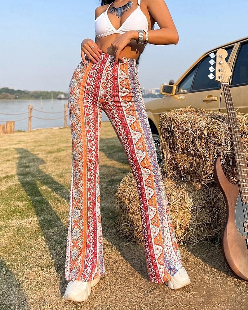 Women's Bell Bottom Slacks Fashion Boho Full Length Natural Flower Elastic Waist Printing Outdoor Comfortable Holiday Going out Magenta Orange red Black Pink Summer Regular Fit 2025 - $16.99 –P1
