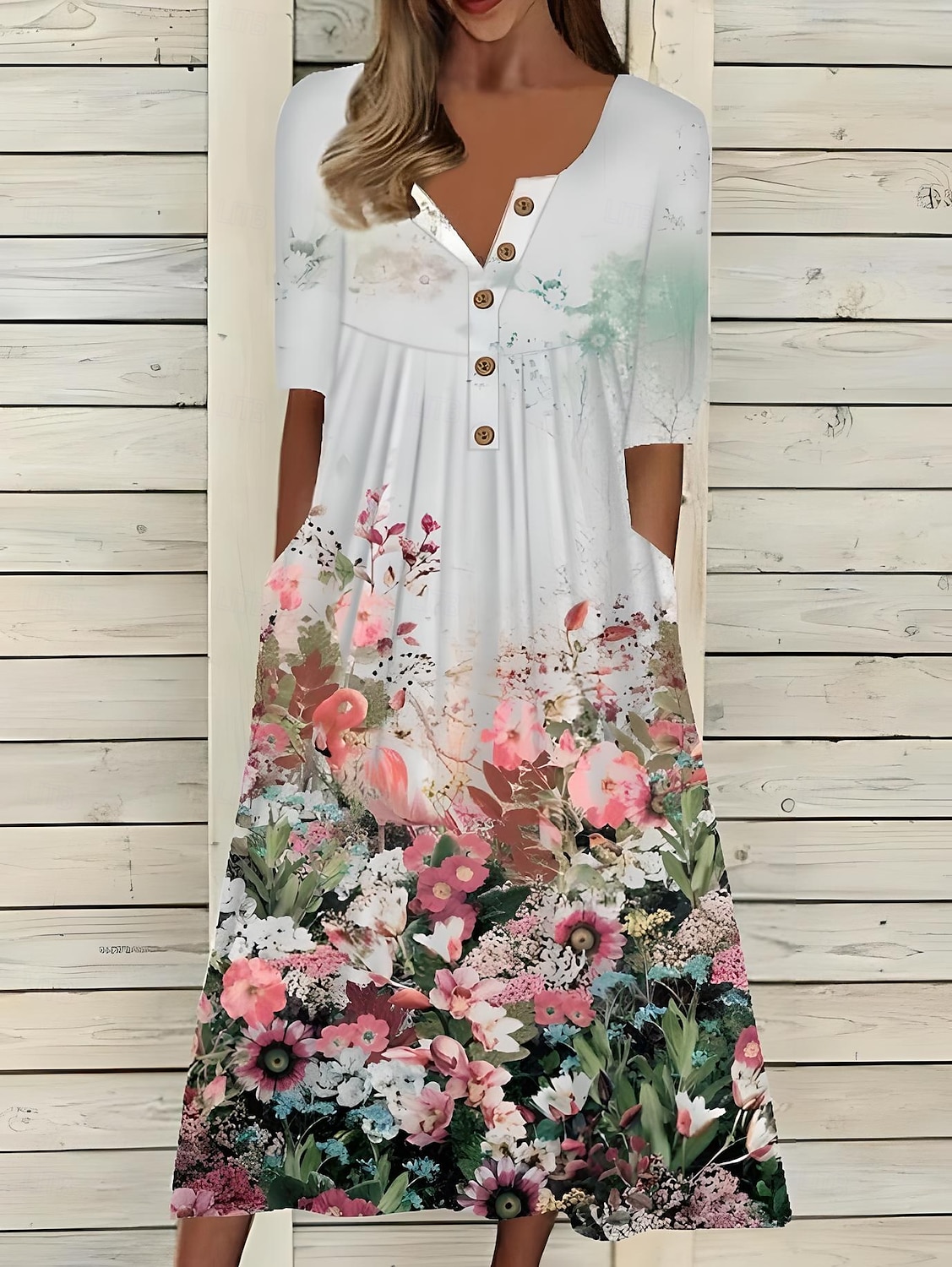 Women's Midi Dress Casual Dress Sundress A Line Dress Summer Dress Vacation Casual Beach Holiday Loose Fit Floral Graphic Short Sleeve Crew Neck White Ivory Dark Green Dusty Blue Summer 2025 - $36.99 –P4