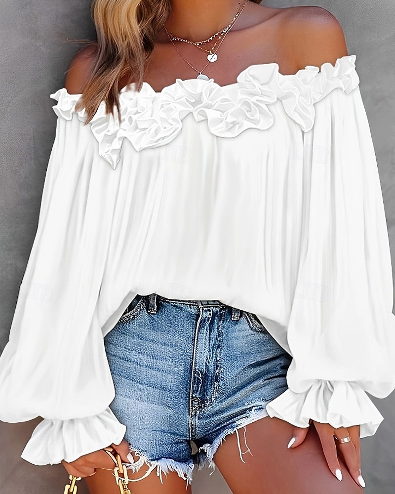 Dam Skjorta Blus Konstbomullslinne Volang Öppen rygg Slät Modern Ledigt Långärmad Över axeln Vanliga toppar Dagligen Helgdag Utekväll Blå Svart Vit Rodnande Rosa Sommar 2026 - $22.99 –P7