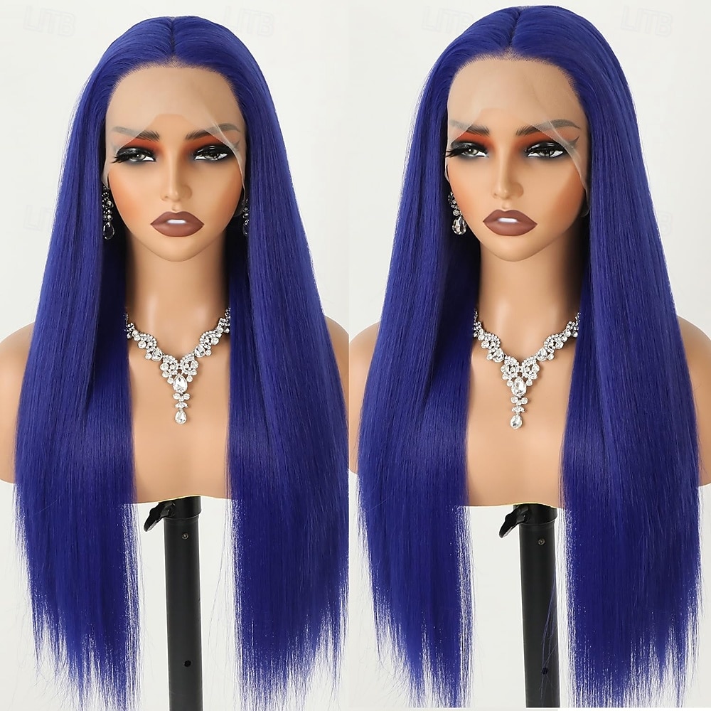 Parrucca frontale in pizzo blu 13x4 con capelli umani, parrucca frontale trasparente con capelli lisci, densità 150% del 2025 a $144.99 –P1