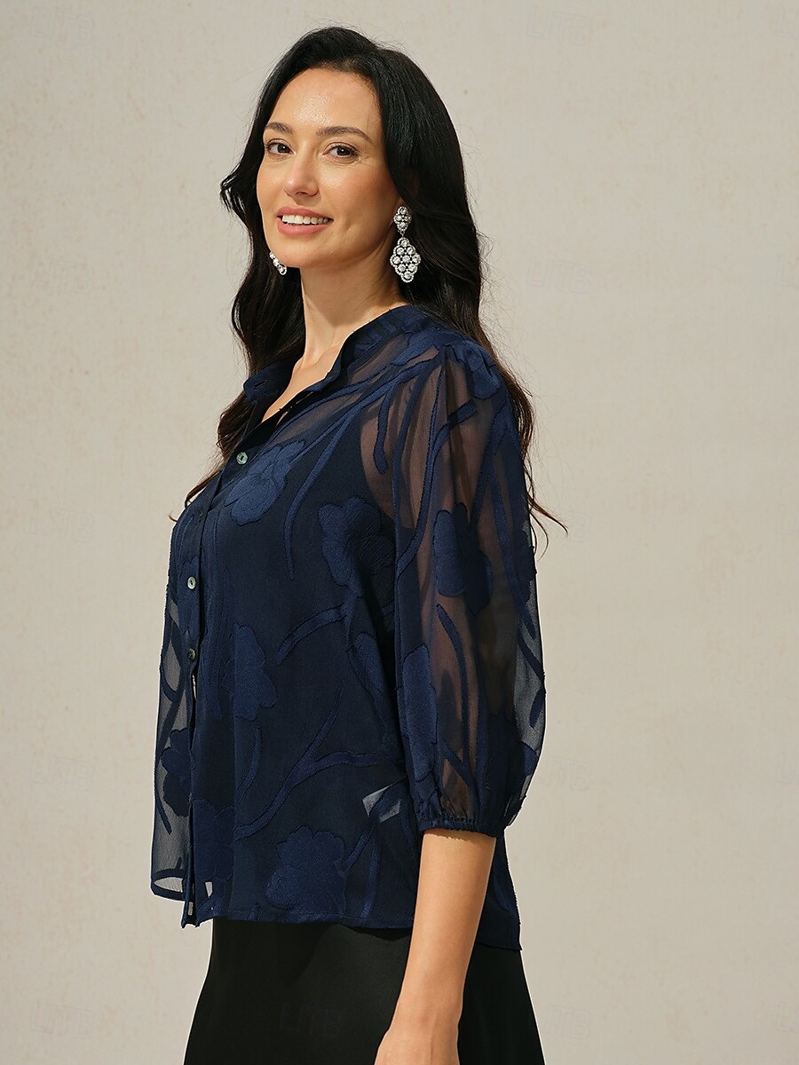 camicetta da donna con bottoni e canotta floreale elegante vintage alla moda mezza manica scollo a V top normali lavoro vacanza per uscire bottoni occhiello blu navy estate primavera autunno del 2025 a $59.99 –P4