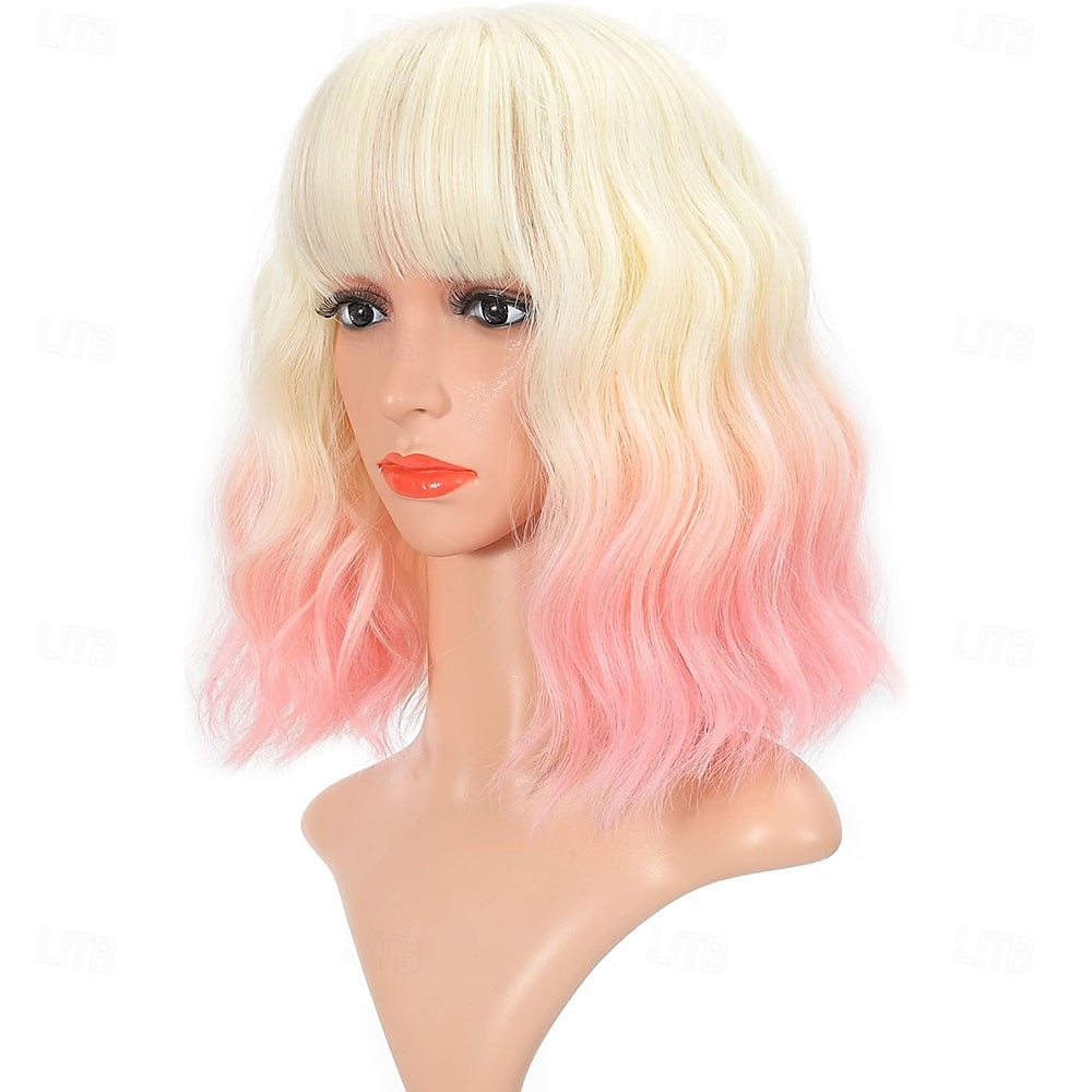Ombre 2-tone kleur krullende bob pruik met luchtpony natuurlijke krullende golvende korte bob pruiken schouderlange pruiken synthetische cosplay voor meisjes kleurrijke pruiken 12'' blond tot roze 2025 - $24.99 –P2