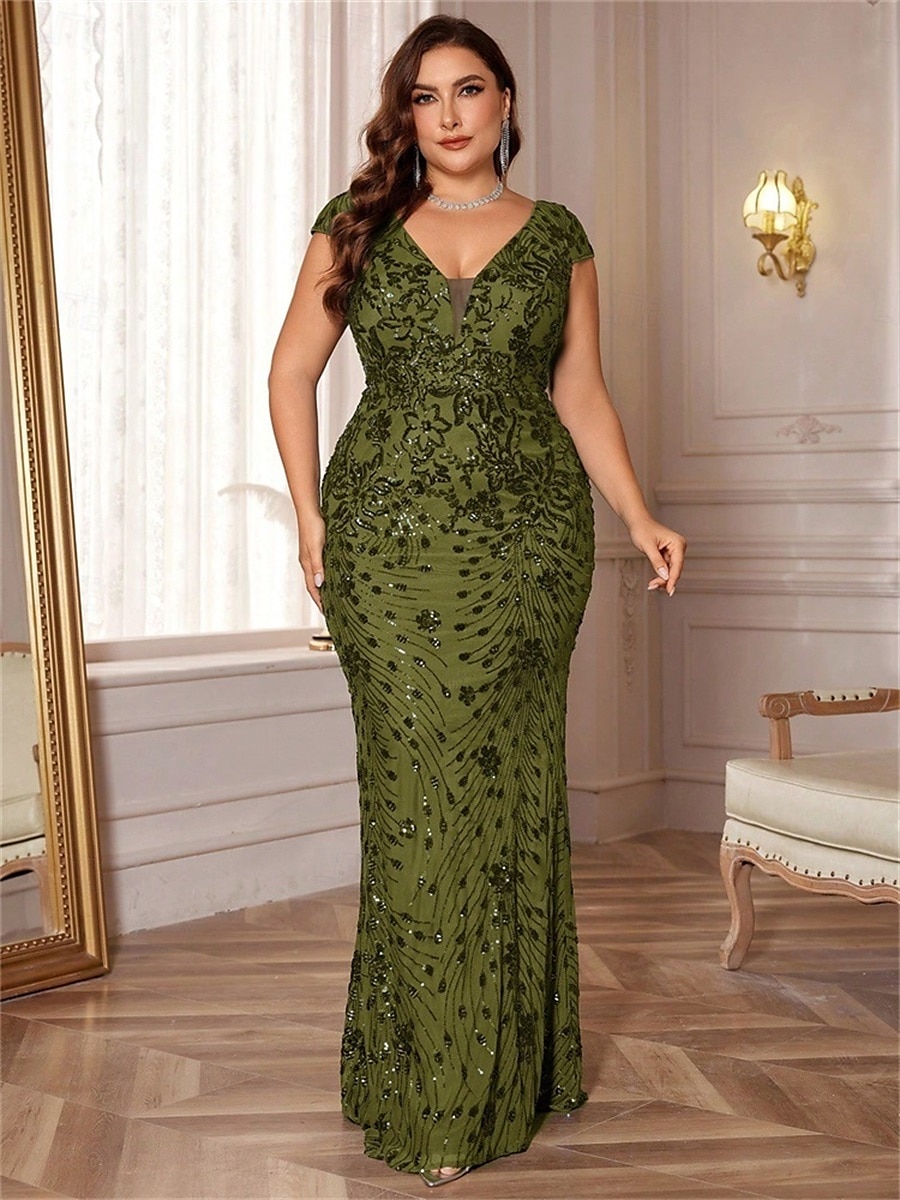 Mermaid / Trumpet Plus Size Dresses Elegant Curve Dress Formal Wedding Floor Length Short Sleeve V Neck Lace Backless with Sequin 2025 - $159.99 –P16
