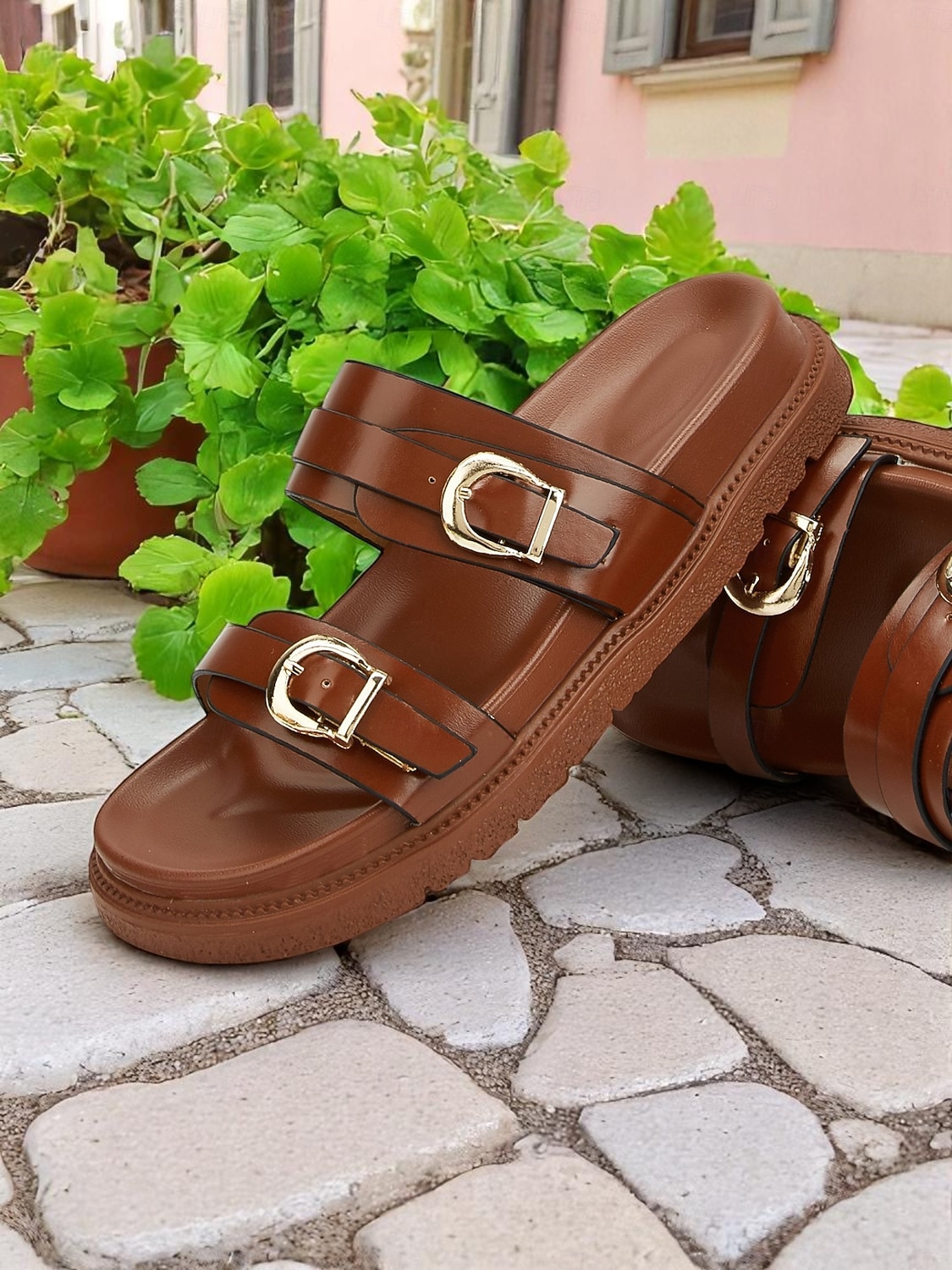 sandali con fibbia neri da donna - design alla moda con doppio cinturino, plantare comodo per l'uso quotidiano e stile casual rilassato del 2026 a $29.99 –P2
