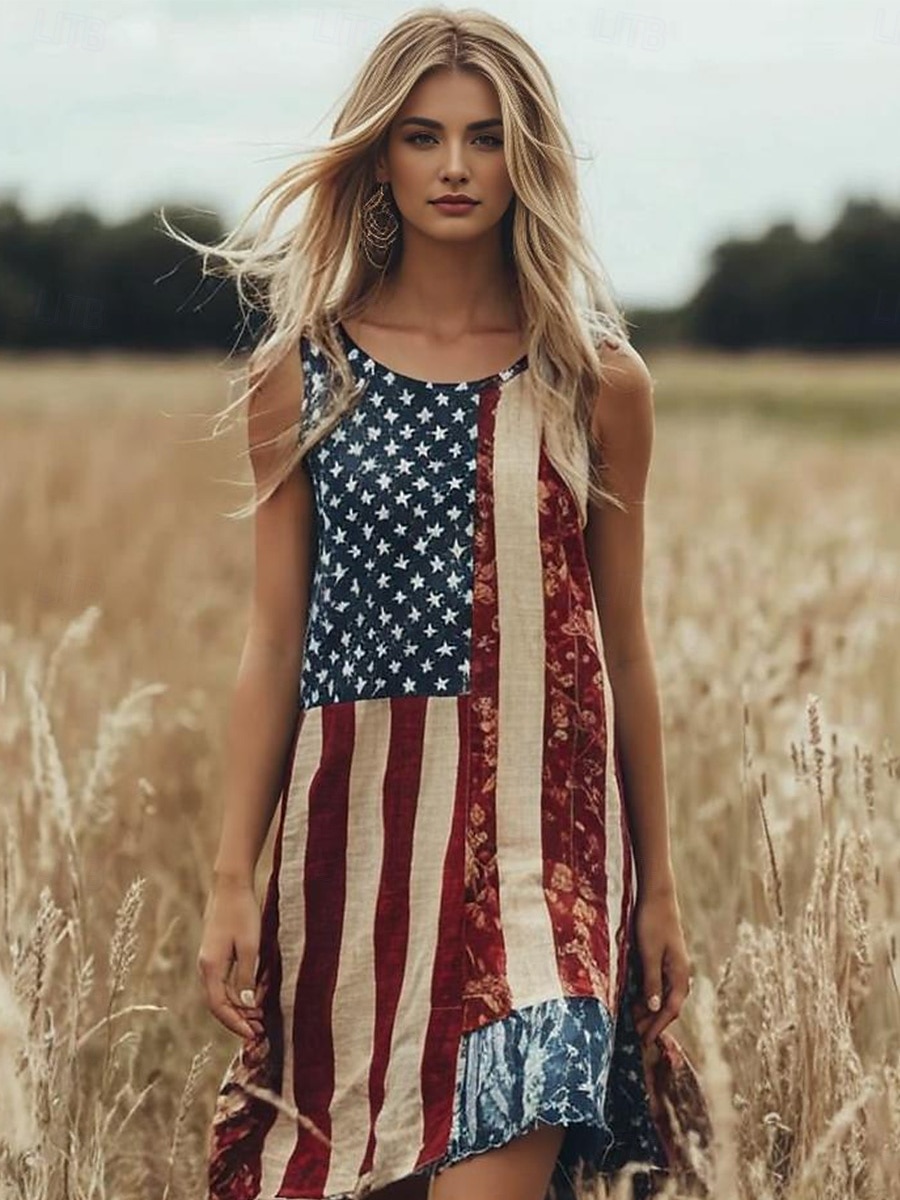Dámské patriotické mini šaty sundress šaty do A šaty s odkryté rameno dovolená casual boho párty volný střih grafika vlajky geometrická bez rukávů U výstřih červená léto 2025 - $22.99 –P2