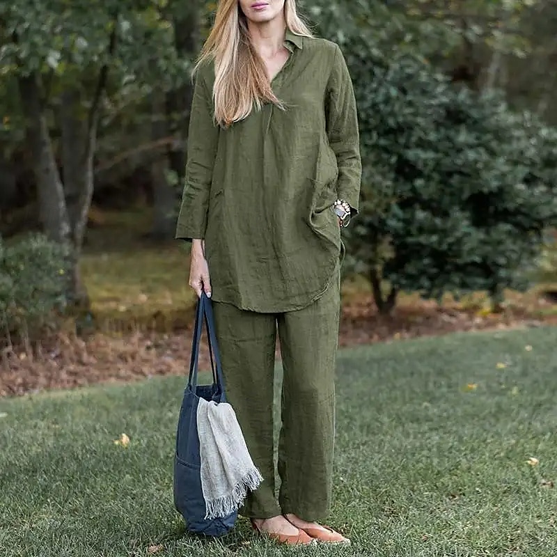 Per donna Moda Streetwear Camicie di cotone e lino Set di biancheria in cotone Set di Pantaloni Manica Lunga Colletto a Camicia Semplice Abbigliamento quotidiano Data Blu Verde Grigio Estate del 2025 a $38.99 –P7