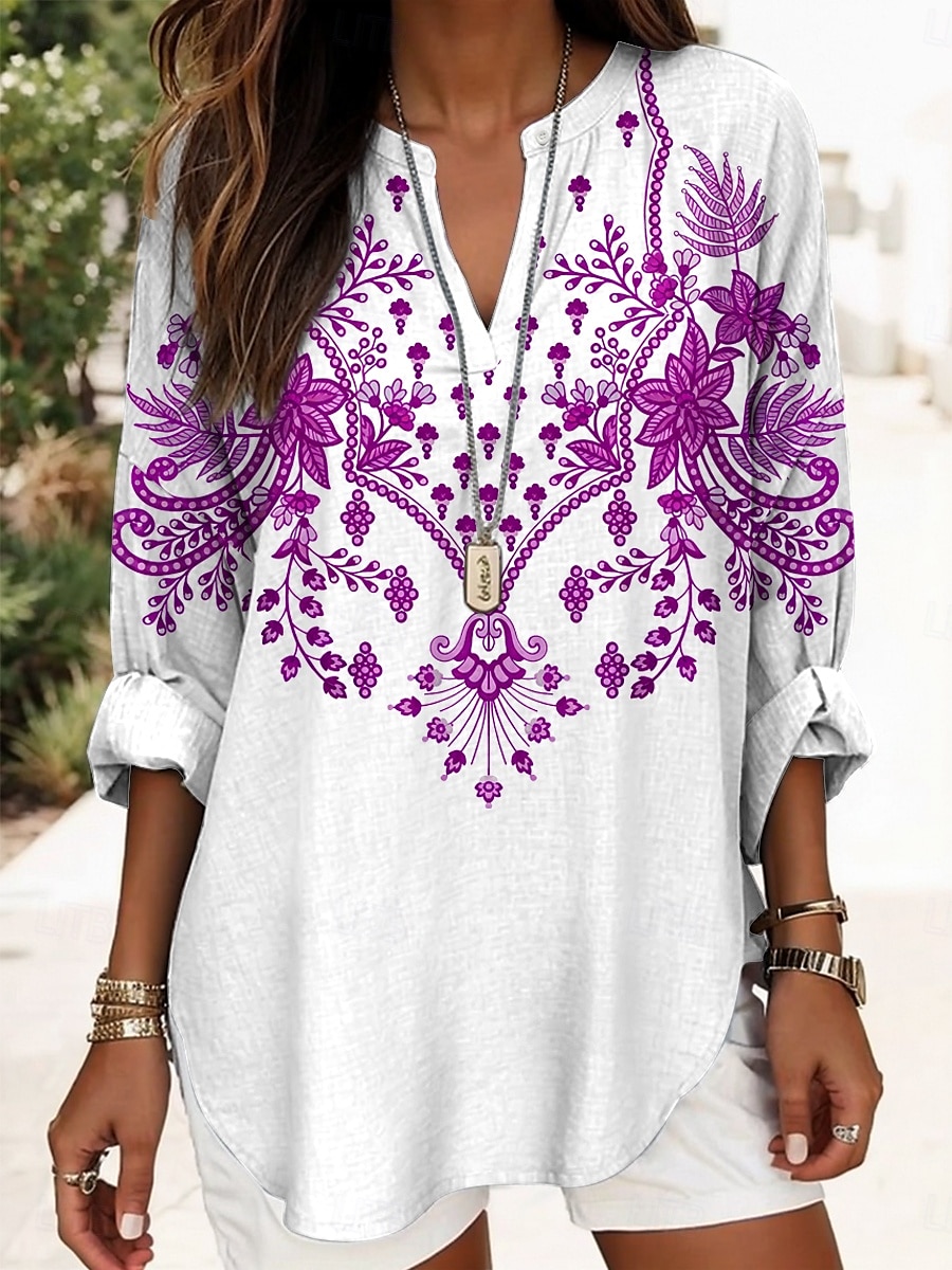 Dame Bluse Blomstret Grafisk Årgang Strandstil Langermet V-hals Vanlige topper Daglig Ferie Trykt mønster Hvit Rød Marineblå Lilla Grønn Sommer Vår 2025 - $24.99 –P6
