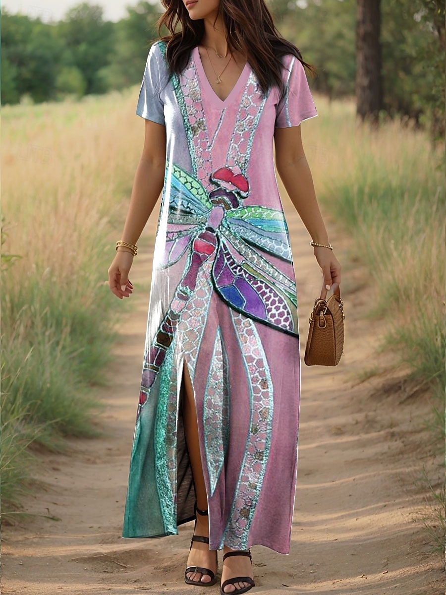 Damen Maxikleid Sommerkleid A Linie Kleid Urlaub Lässig Täglich Normale Passform Grafik Libelle Kurzarm V Ausschnitt Rosa Blau Orange Grün Sommer 2025 - $28.99 –P2