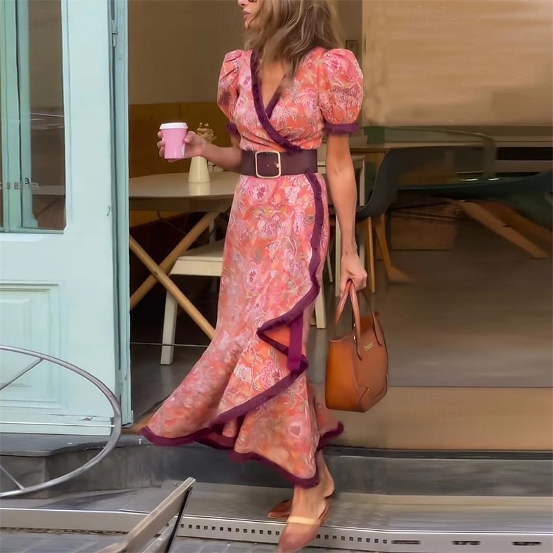 Mulheres Vestido Longo Vestido Maxi Vestido casual Vestido Swing Vestido Boho Moda Ao ar livre Festa Feriado Normal Flor Manga Curta Decote V Rosa Verão de 2025 por $32.99 –P1