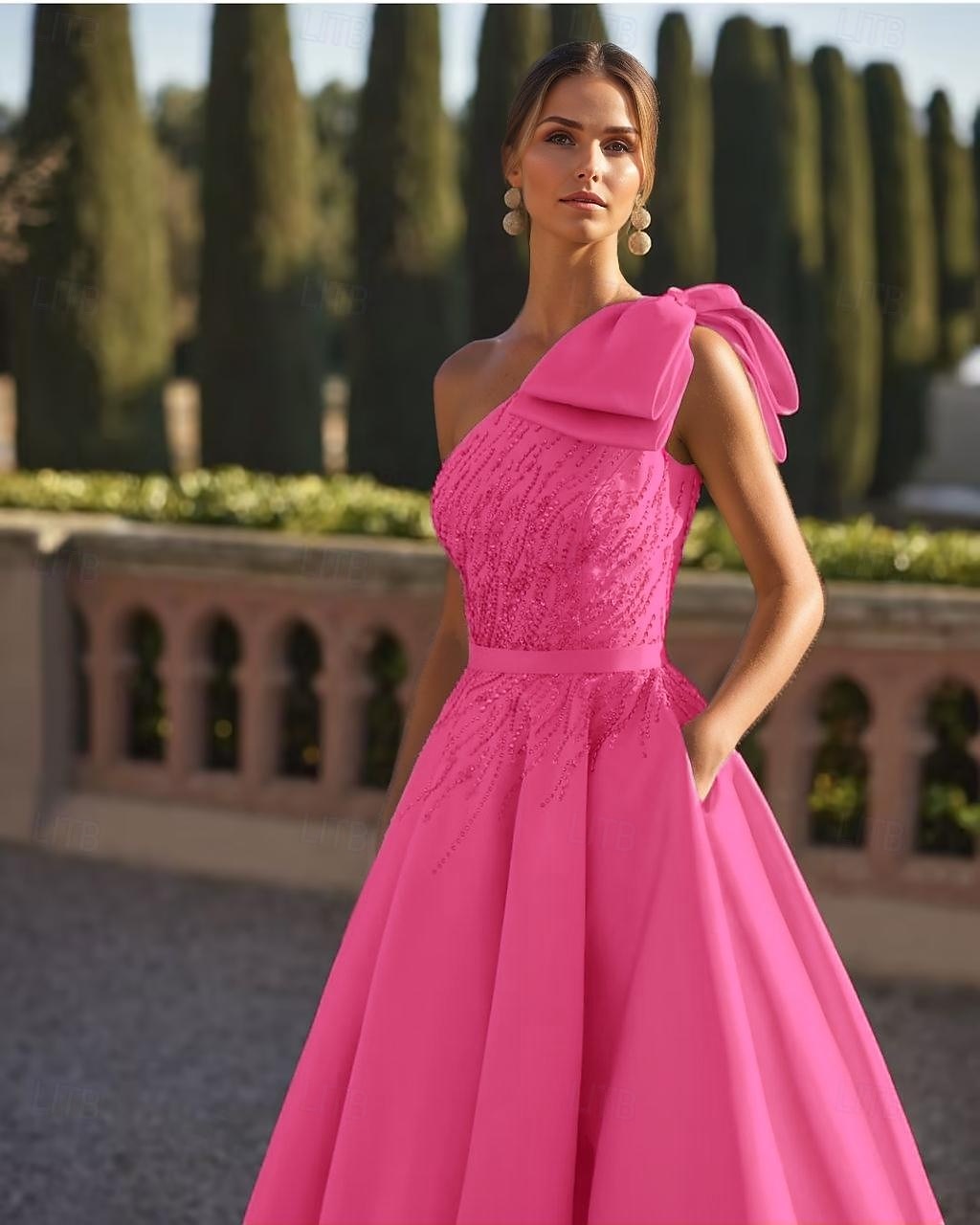 A-Linje Kveldskjole Elegant Kjole Formell Bryllup Gulvlengde Uten Ermer One Shoulder Sateng med Glitter Sløyfe(r) Perler 2025 - $229.99 –P5