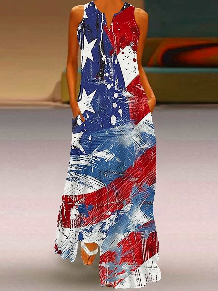 Independence Day Women's Patriotic Fourth of July Maxi Dress Shift Dress Summer Dress Casual Daily Holiday Regular Fit Flag Sleeveless Crew Neck Wine Red Navy Blue Blue Summer 2025 - $29.99 –P4