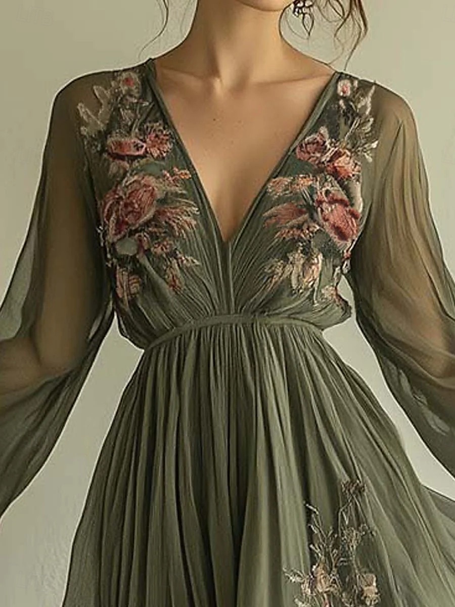 Femmes Robe maxi Robe trapèze Occasionnel Extérieur Sortir Coupe régulière Fleuri Graphique manche longue Col en V Vert Été de 2025 ? $41.99 –P5