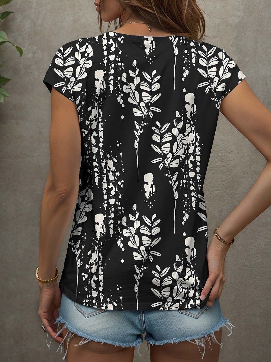 Dame Bluse Grafisk Planter Årgang Stilfull Klassisk Ermeløs Kortermet V-hals Vanlige topper Daglig Trykt mønster Svart Hvit Sommer Vår 2025 - $17.99 –P2