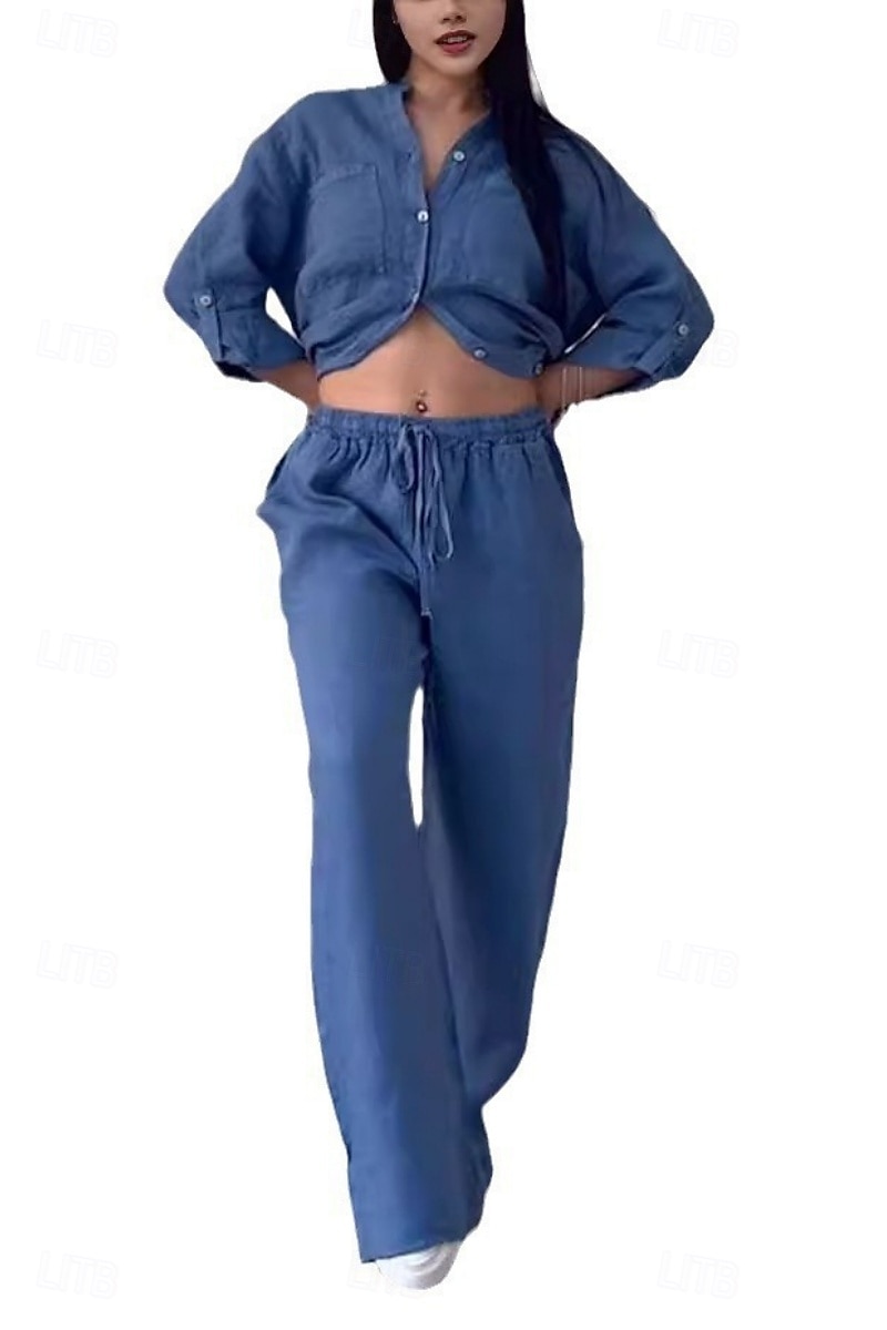 Completo da donna 100% cotone cotone lino camicia a maniche lunghe colletto tinta unita attivo basic casual quotidiano nero bianco giallo estivo vestibilità regolare del 2026 a $32.99 –P8