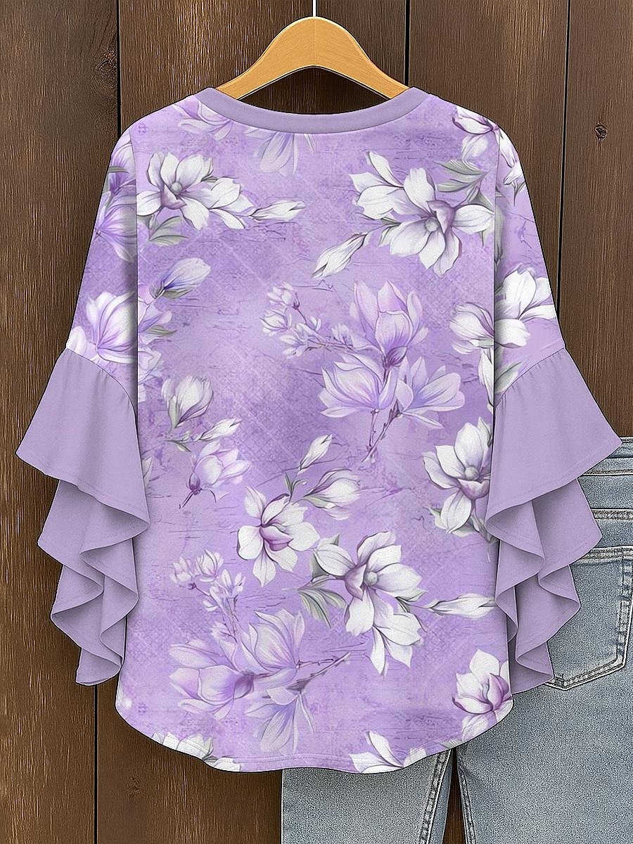 Vrouwen Blouse Gelaagde Ruffle Mouw Tops Bloemen Graphic Bohemia Vintage Dagelijkse 3/4 Lange Mouw V-Hals Reguliere Tops Dagelijkse Vakantie Kleding Print Roze Blauw Paars Groen Zomer Lente Herfst 2025 - $29.99 –P2