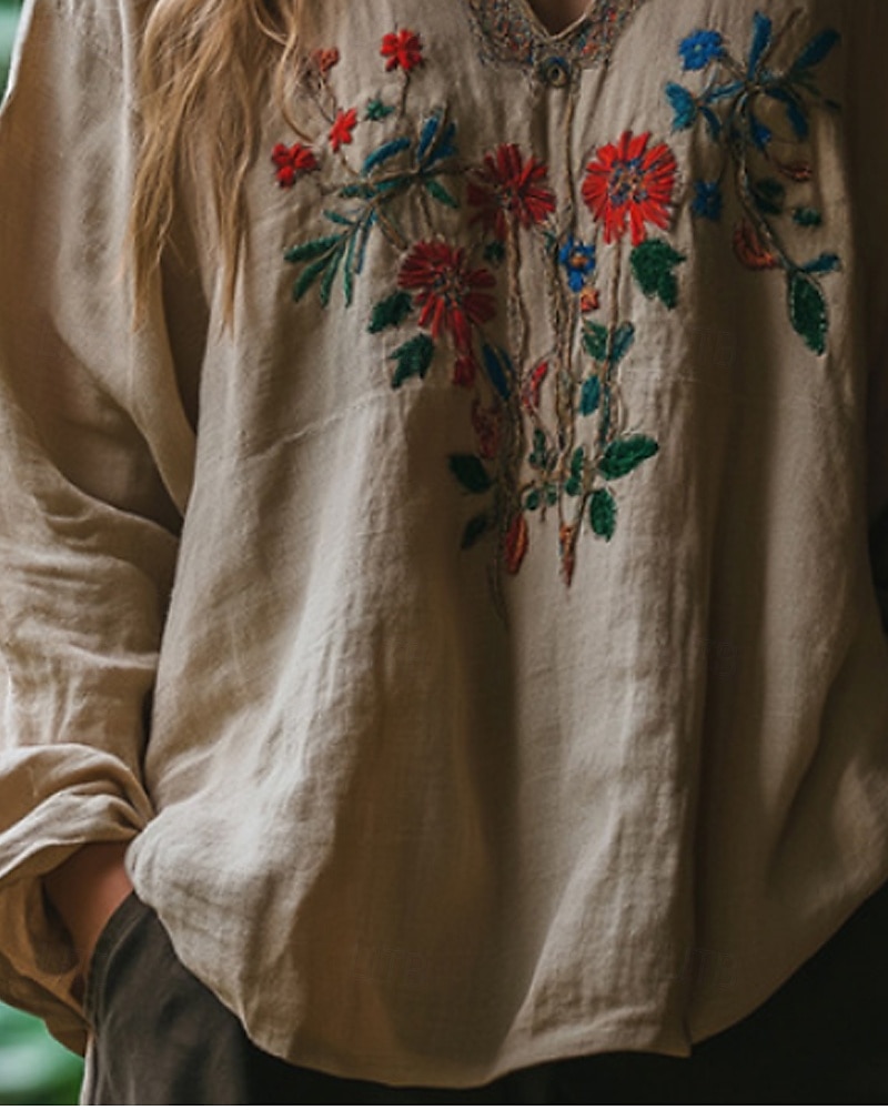 Per donna Camicie di cotone e lino Camicia Boho Blusa Fiore Moderno Boho Manica Lunga Scollo a V Top Regolari Quotidiano Ferie Stampato Albicocca Estate del 2025 a $19.99 –P3