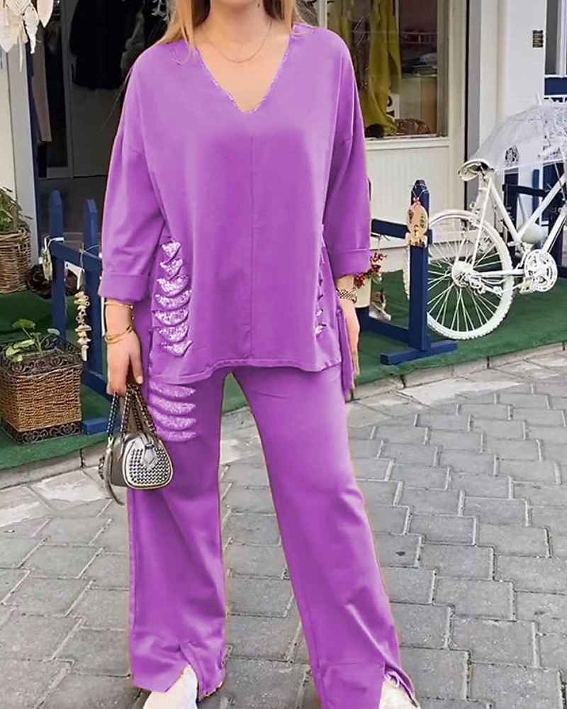 Pentru femei Activ Modă Cămăși Bumbac In Bluză Seturi de pantaloni Manșon Lung În V Culoare solidă Paiete Vacanță Casul / Zilnic Negru Alb Roșu-aprins Vară Fit regulat 2025 - $34.99 –P9