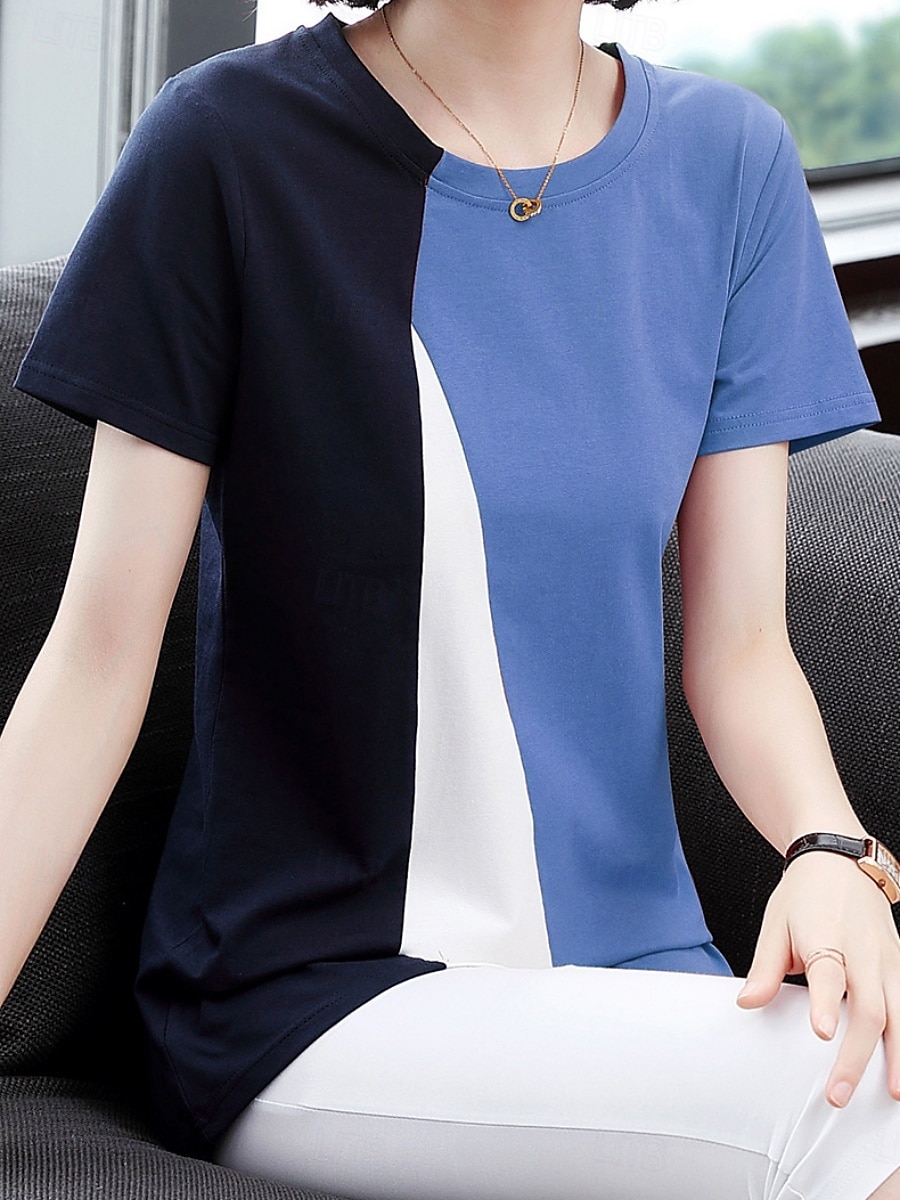 Dame Bluse Geometrisk Fargeblokk Stilfull Fritid Kortermet Crew-hals Vanlige topper Daglig Trykt mønster Svart Gul Blå Oransje Brun Sommer 2025 - $13.99 –P7
