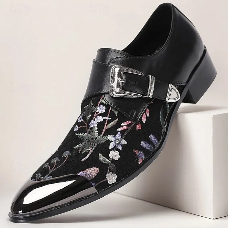 Herrars svarta läder munkspänneskor med gyllene topp blommig broderi–Stilrena formella skor för galamiddagar och fester 2025 - $119.99 –P1
