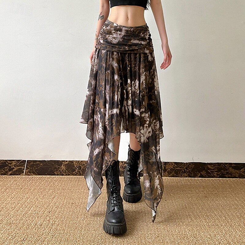 Damen Rock Mode Boho Midi Mittlere Hüfthöhe Röcke Blumen Unregelmäßiger Saum Druck Mikroelastisch Urlaub Straße Braun Sommer Polyester 2025 - $26.99 –P6