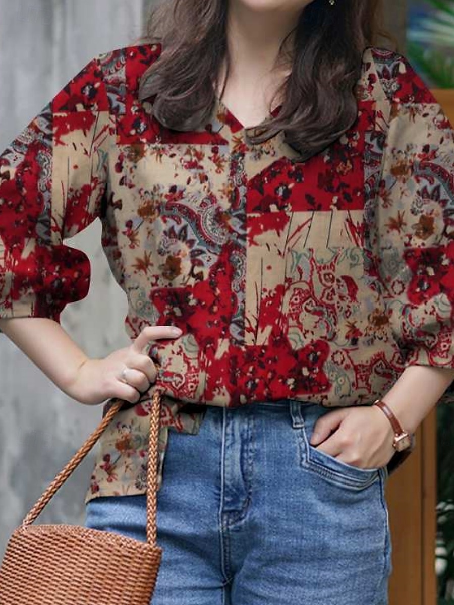 Dames Overhemd Bloemig Dagelijks Retro vintage Modern Lange mouw Overhemdkraag Normale tops Dagelijks Feestdagen Knop Afdrukken Rood blauw Khaki Zomer 2025 - $14.49 –P2
