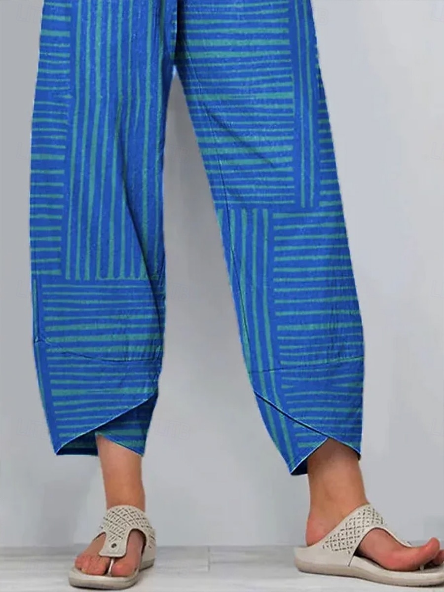 Dame kinesisk Posete bukser Strandshorts Ferie Årgang Etnisk stil Ankel-lengde Høy Midje Grafisk Stripet Geometri Lapper Snorer Bred Bukseben Pustende Myk Mikroelastisk Feriereise Gate Avslappet 2025 - $20.99 –P3