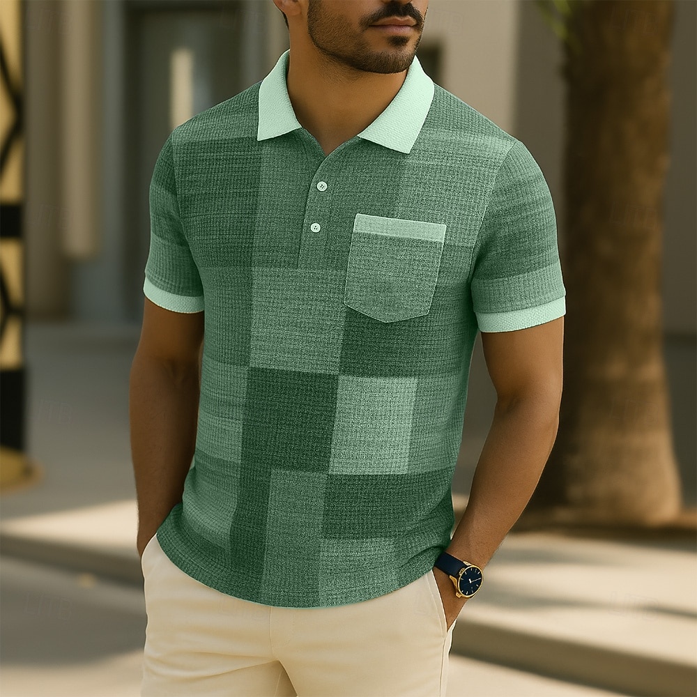 Homme Bloc de Couleur Chemises Polo Gaufre Manche Courte Polos Chemises à Col Vêtement décontracté de travaile Affaires Athleisure Tenue quotidienne Boutons Avec Poches Impression 3D Été Noir Bleu de 2026 ? $21.99 –P2