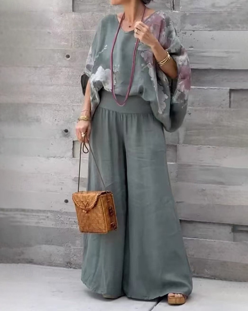 Per donna Attivo Camicie di cotone e lino Blusa Set di Pantaloni Mezza Manica Scollo a V Stampa Stampato Vacanza Ferie Blu marino Viola Marrone Estate Vestibilità regolare del 2025 a $26.99 –P1
