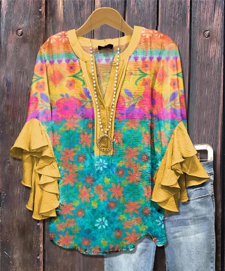Damenbluse V-Ausschnitt Schicht Rüschennähe Tops Floral Grafik Bohemia Vintage Alltag 3/4 Arm Reguläre Tops Alltag Urlaub Ferienmode Print Gelb Grün Hellblau Sommer Frühling Herbst 2025 - $29.99 –P2
