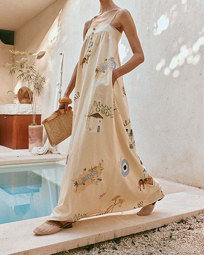 Pentru femei Rochie Lunga Rochie Maxi Rochii de in bumbac Rochie casual Modă În aer liber Petrecere Concediu Fit regulat Vopsire Fără manșon Bretele Spagheti Bej Vară 2025 - $42.99 –P1