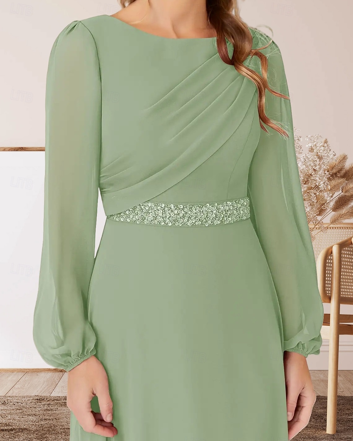 Robe A-Ligne pour Mère de la Mariée Invité de Mariage Élégante Col Arrondi Longueur Sol Chiffon Manches Longues avec Perles Ruché de 2025 ? $161.99 –P3