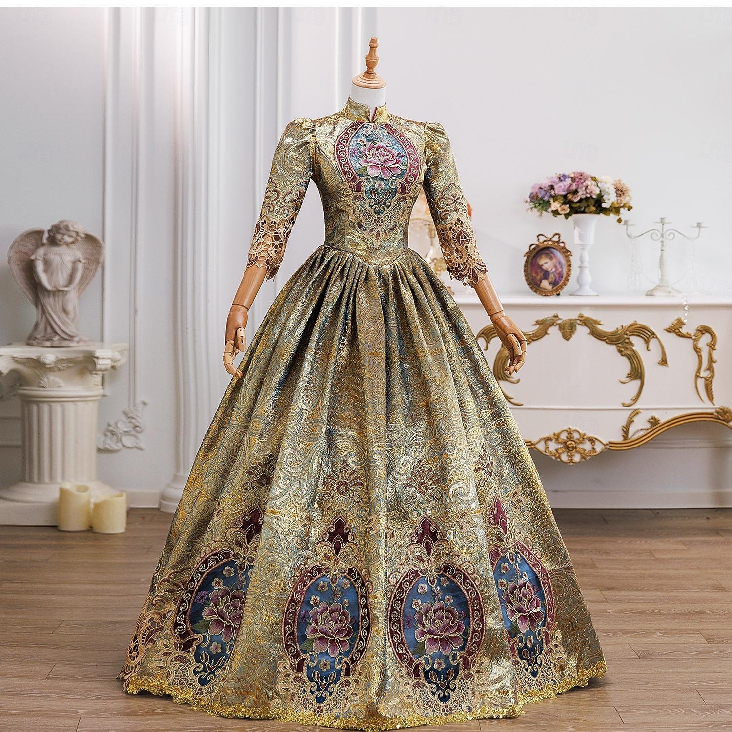 Vintage Rokoko Renässans Maxi Klänningar Vanligt Juliet ärm Prinsessa Brud Plisserad Med volanger Prinsessa Rund hals Maskeradkläder Dam Halloween Karnival Maskerad Prestanda Fest Halloween Vuxen 2026 - $218.69 –P4