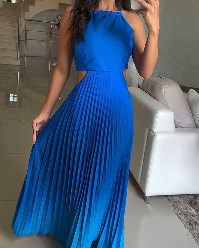 Femmes Robe Longue Maxi Robe Robe froncée Moderne Extérieur Vacances Fête Coupe régulière A Ombre Sans manches Col ras du cou Bleu Orange Vert Été de 2025 ? $25.99 –P7