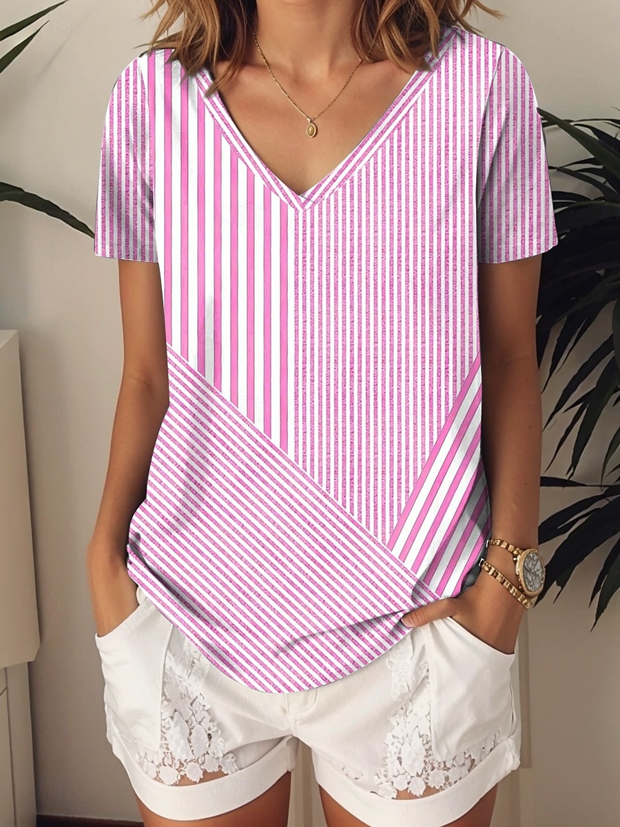Dame T skjorte Grafisk Geometrisk Stripet Årgang Stilfull Etnisk Kortermet V-hals Vanlige topper Daglig Ut på byen Strand Klær Trykt mønster Rosa Blå Lilla Grønn Grå Sommer Vår 2025 - $19.99 –P2
