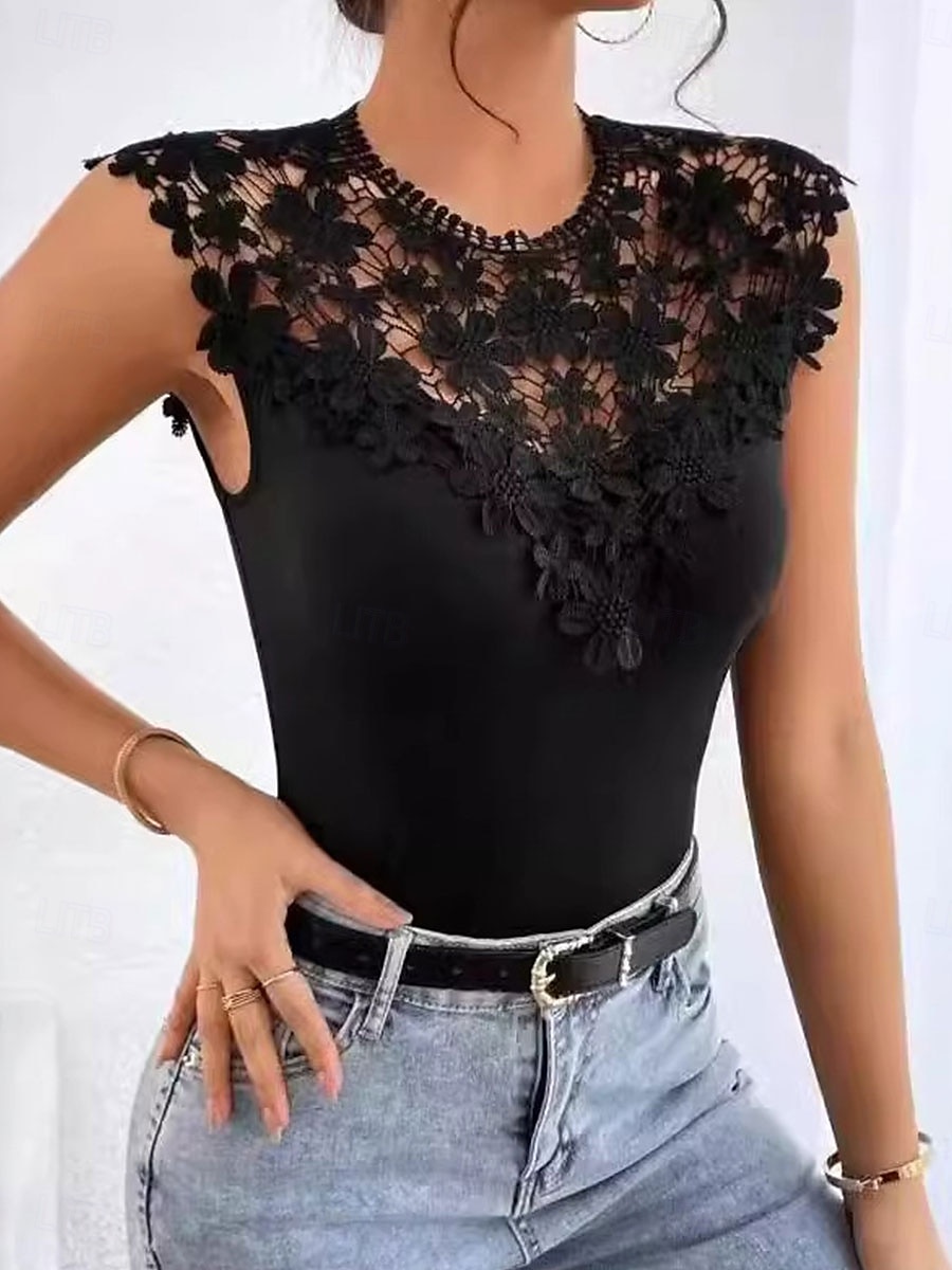 Dam Camisole linne Ensfärgat Elegant Dagligen Stylish Ärmlös Rund hals Vanliga toppar Dagligen Ihålig Svart Sommar Vår 2025 - $19.99 –P1