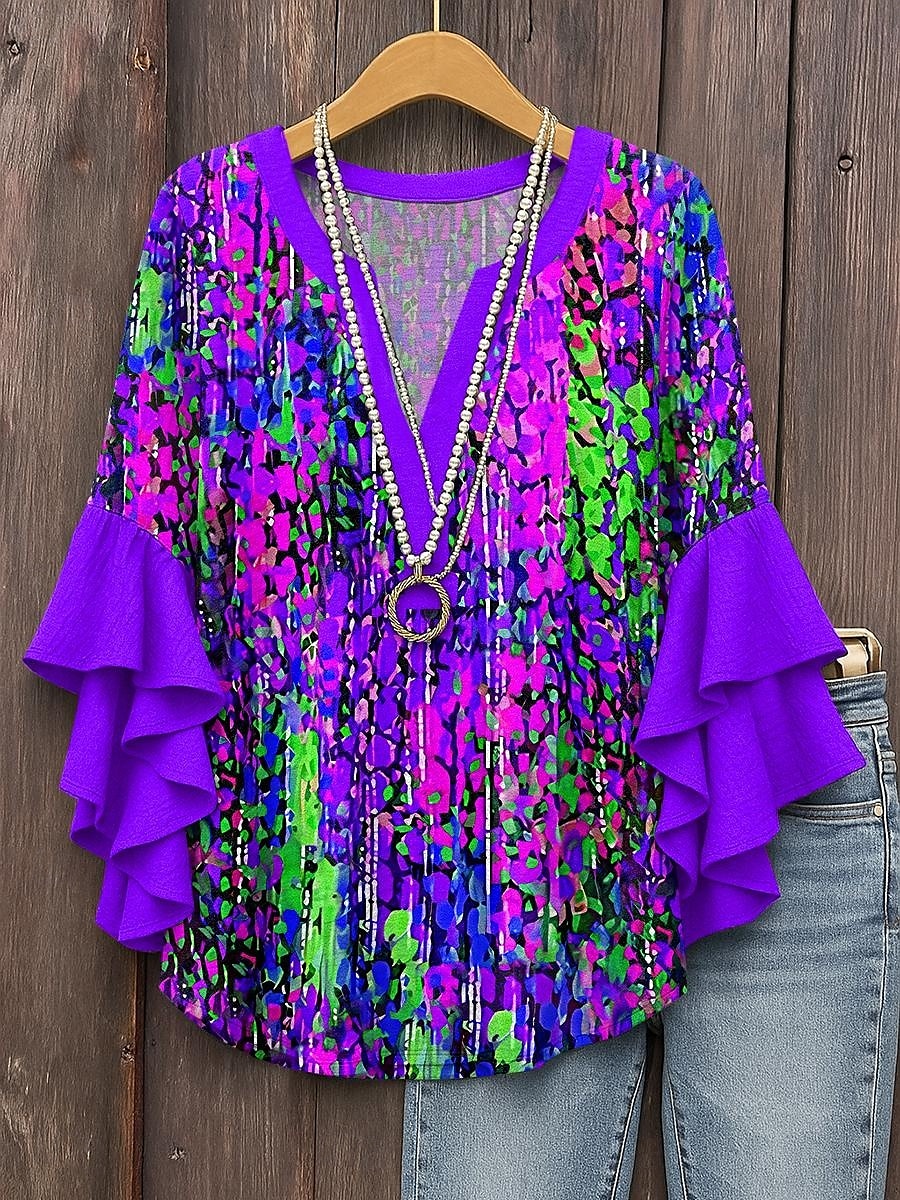 Damen Bluse mit gestuften Rüschensäumen Grafik Geometrisch Abstrakt Täglich Stilvoll Lässig 3/4-Ärmel V-Ausschnitt Reguläre Oberteile Tägliches Urlaubsbekleidung Druck Pink Rot Blau Lila Sommer 2025 - $29.99 –P6