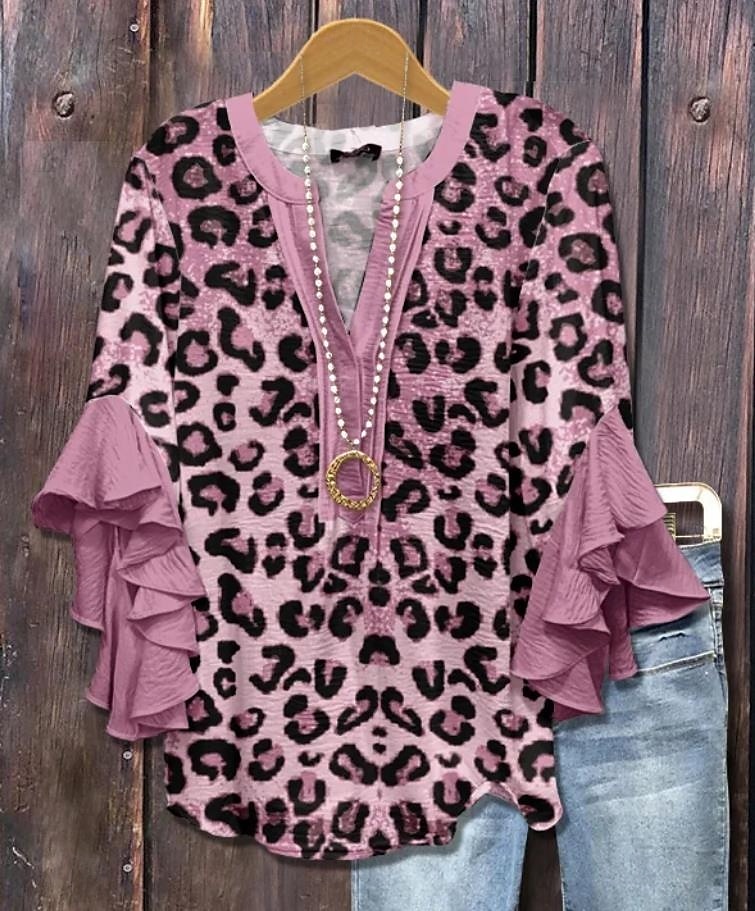 Amerykańska bluzka damska z grafiką lamparta boho vintage codzienna 3/4 długości rękaw falbaniasty dekolt w kształcie litery V regularne topy codzienny urlopowy strój nadruk żółty jasnozielony różowy 2025 - $29.99 –P4