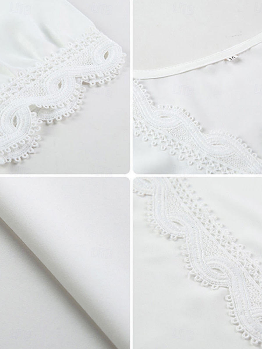 Damen Bluse Einfarbig Stilvoll Basic Lässig Kurzarm Hemdkragen Normale Oberteile Täglich Patchwork Knöpfe Spitzenbesatz Weiß Sommer 2025 - $13.99 –P8