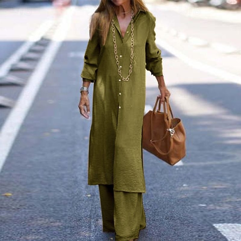 Femmes Actif Mode Chemisier Ensembles de Pantalons manche longue Col de chemise Couleur Unie Dubbele Rij Knopen Vacances Fête Vert Véronèse Bleu Marine Kaki Été Coupe régulière de 2025 ? $27.99 –P5