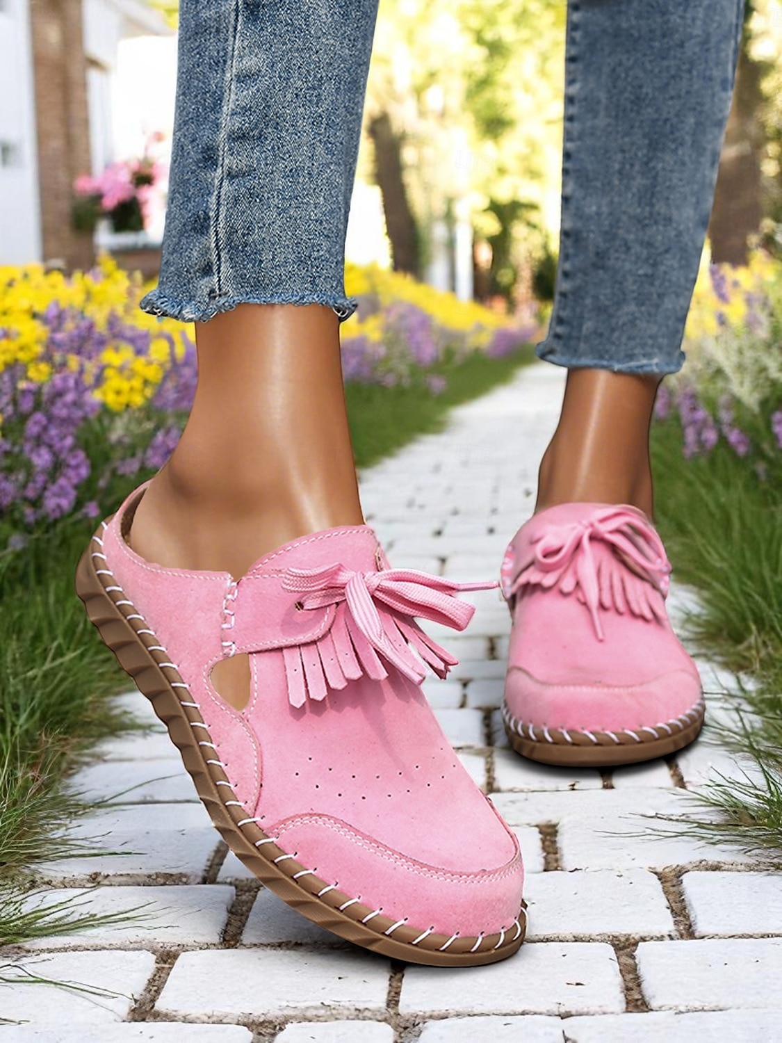 Women's Soft Sole Moccasin Mules– Pink Loafers with Fringed Detail, Lightweight Slip-On Design with Cutouts, Perfect for Garden Strolls and Casual Outings 2025 - $32.99 –P8