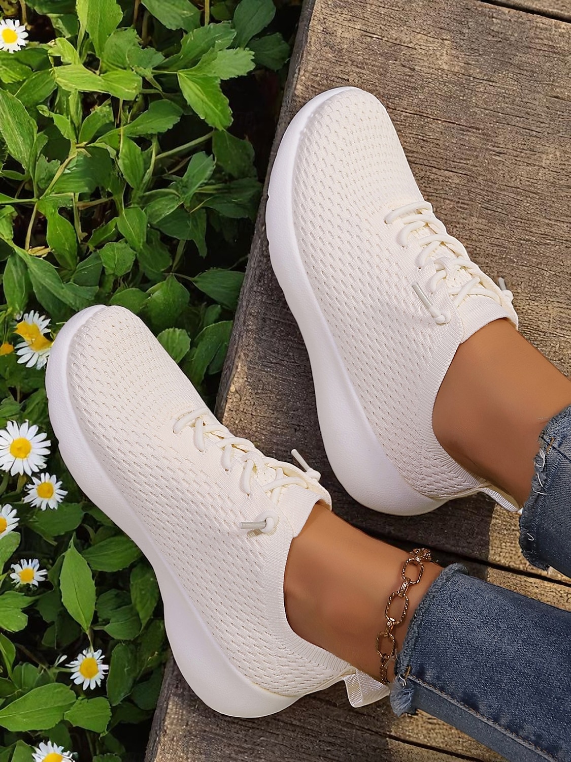 Beige lette flyknit-tursko for dame med myk ergonomisk såle, pustende komfort for pendling, joggeturer i parken og daglige ærender 2025 - $24.99 –P3