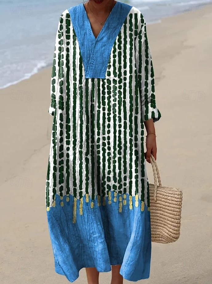 Per donna Abito Midi Vestito Estivo Abito a trapezio Vacanza Casual Boho Uscire Spiaggia Vestibilità comoda Grafico Manica Lunga Scollo a V Nero Blu Arancione Cachi Estate Primavera del 2025 a $35.99 –P3