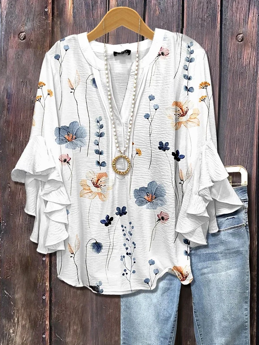Pentru femei Bluză Ombre Floral Grafic Elegant Boemia Έθνικ Lungime Manșon 3/4 În V Topuri obișnuite Zilnic Concediu Îmbrăcăminte de vacanță Bufantă Imprimeu Alb Galben Verde Deschis Mov Roz 2025 - $29.99 –P3
